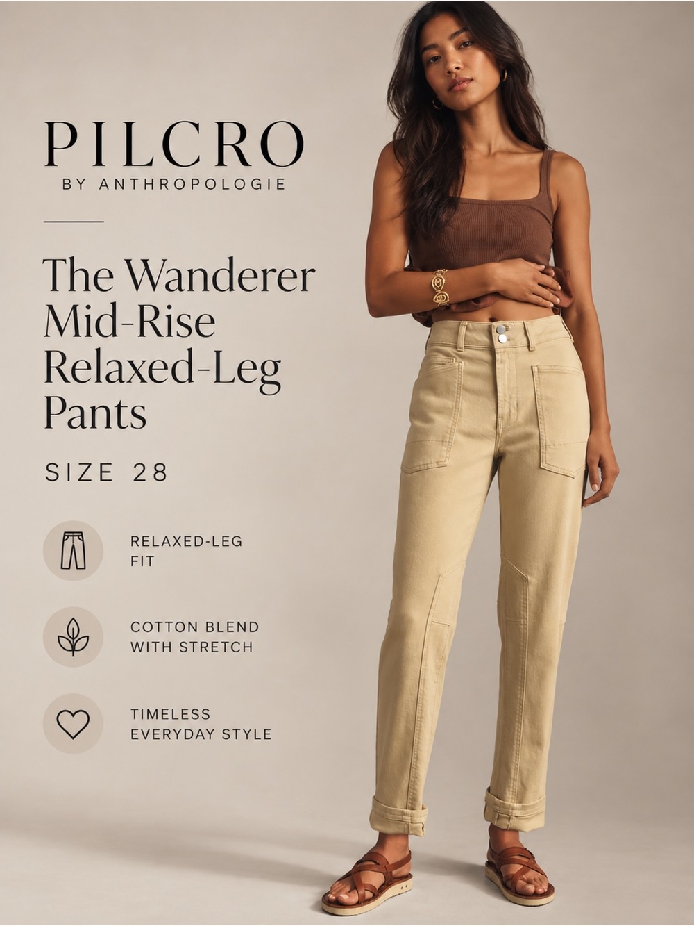 Pilcro Anthropologie The Wanderer Mid-Rise Relaxed-Leg Jeans Beige 28